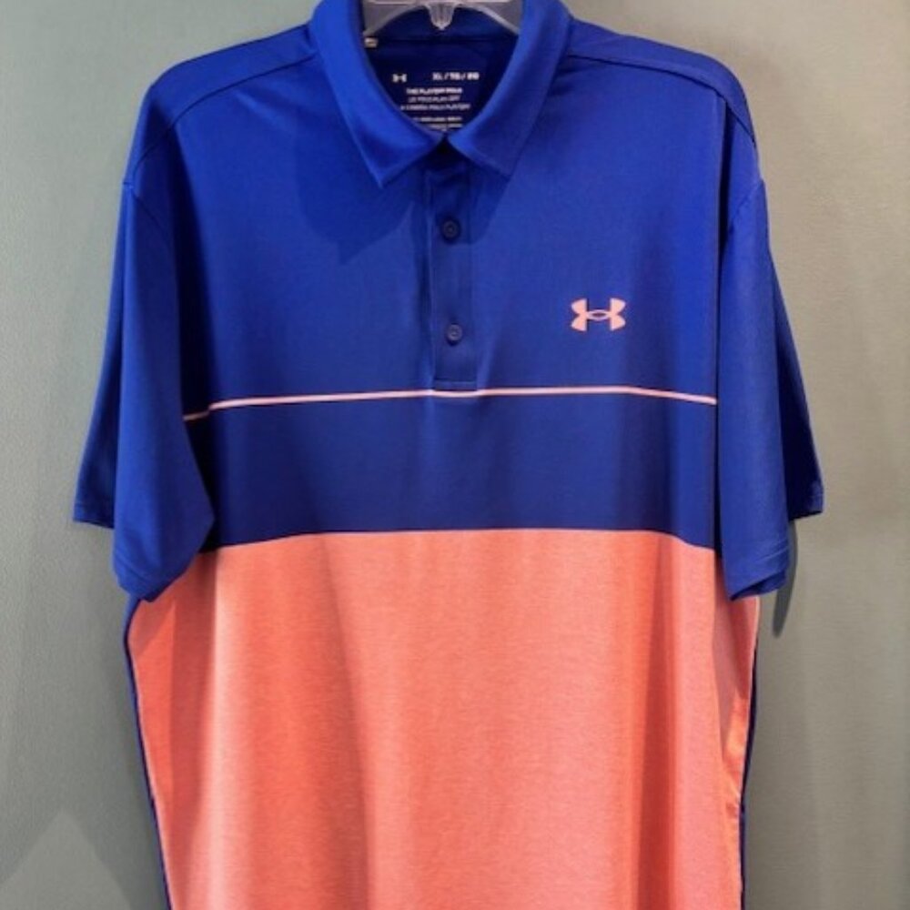 Under Armour Playoff Polo XL Short Sleeve Golf Blue Peach Colorblock Active